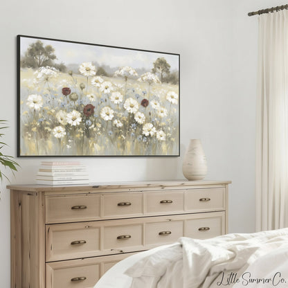 White Wildflower Meadow Frame TV Art displayed on a TV