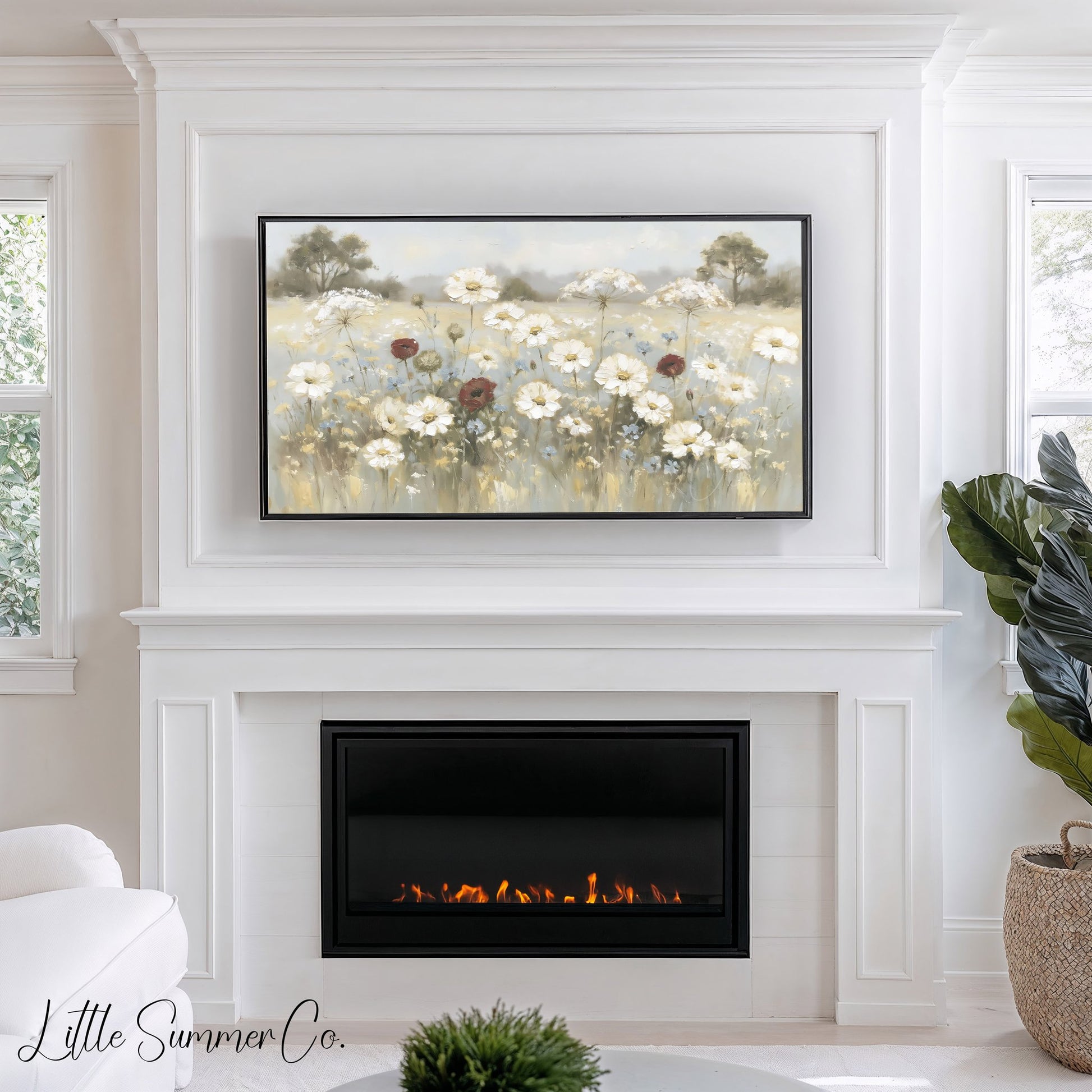 White Wildflower Meadow Frame TV Art displayed on a TV