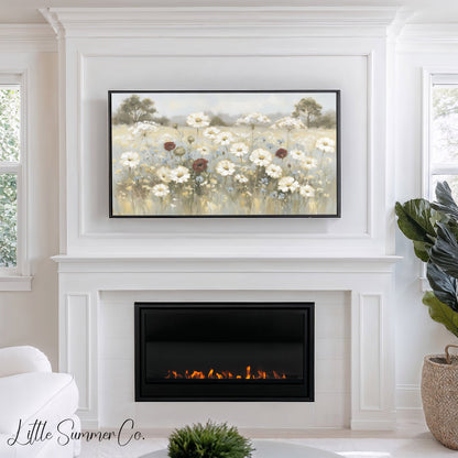 White Wildflower Meadow Frame TV Art displayed on a TV