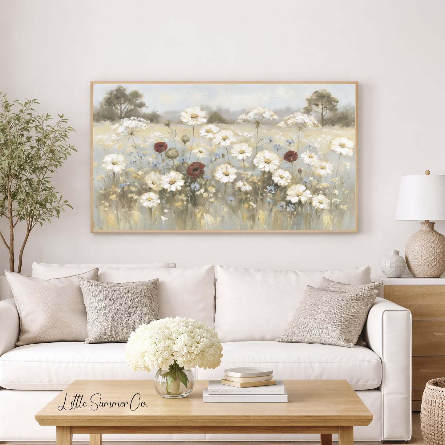 White Wildflower Meadow Frame TV Art displayed on a TV