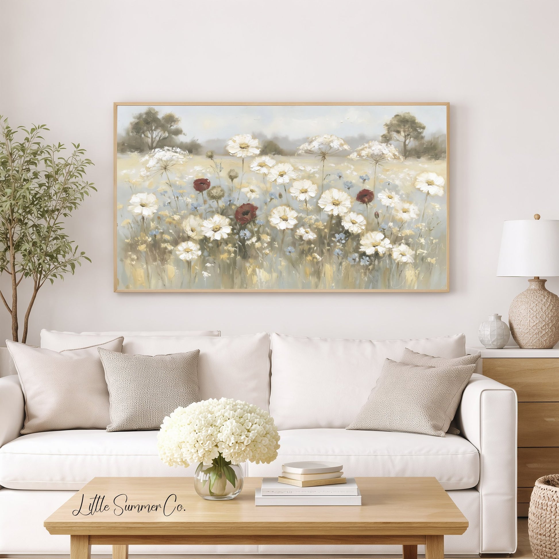 White Wildflower Meadow Frame TV Art displayed on a TV