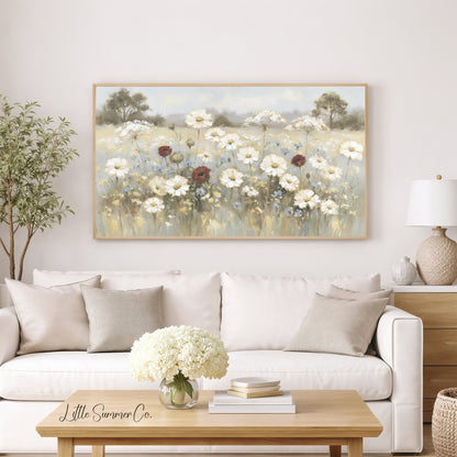 White Wildflower Meadow Frame TV Art displayed on a TV