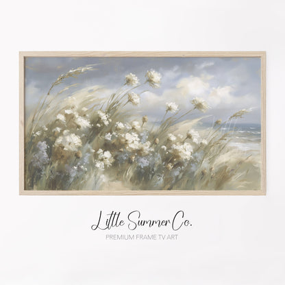 Coastal Dune Wildflowers Frame TV Art displayed on a TV