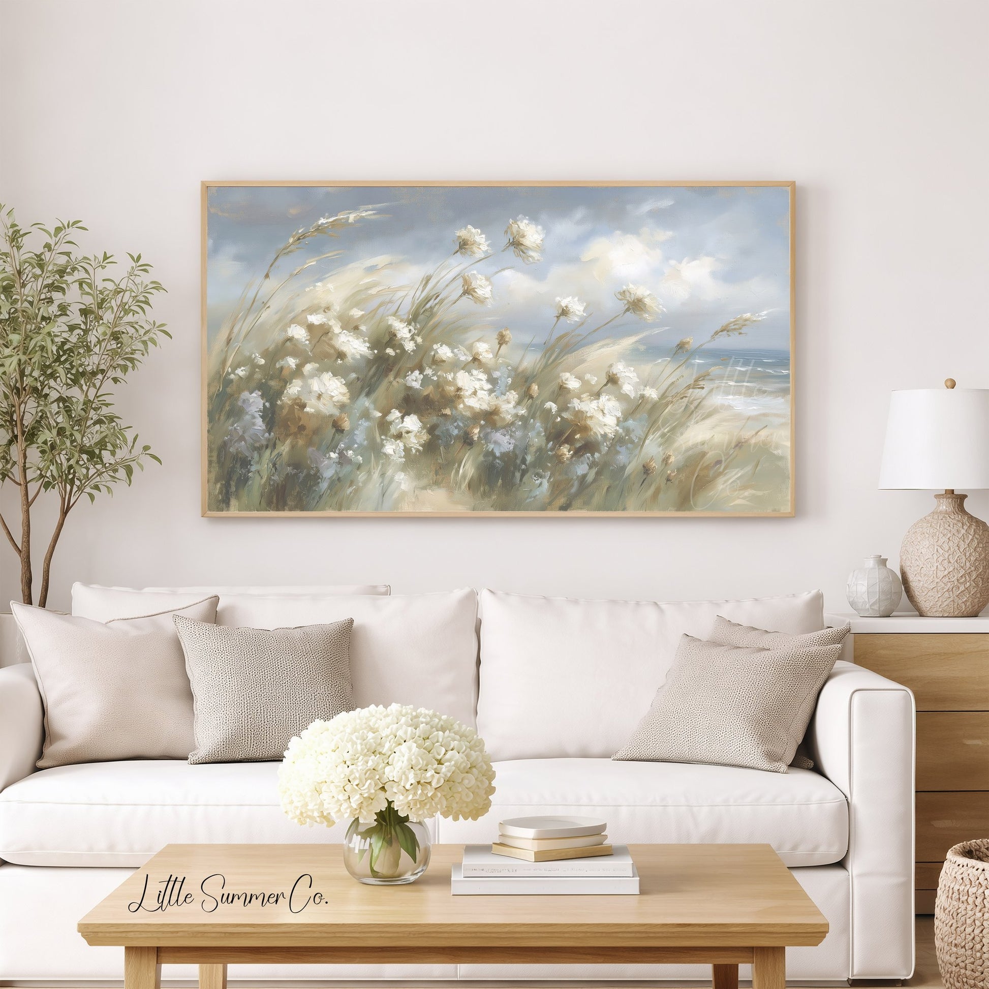 Coastal Dune Wildflowers Frame TV Art displayed on a TV