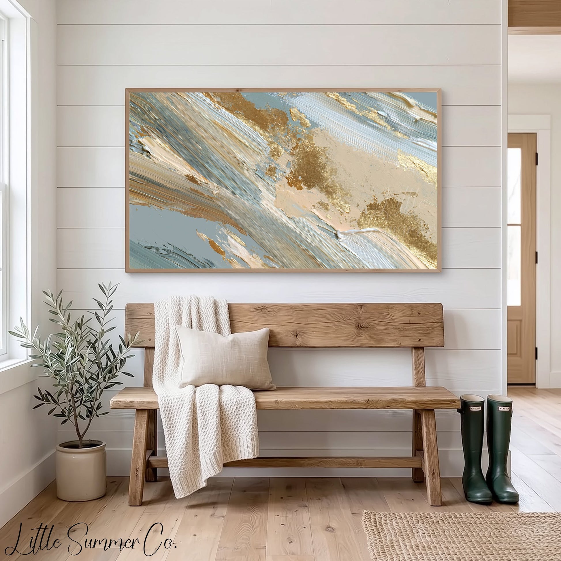Gold Sweep Lines Frame TV Art displayed on a TV