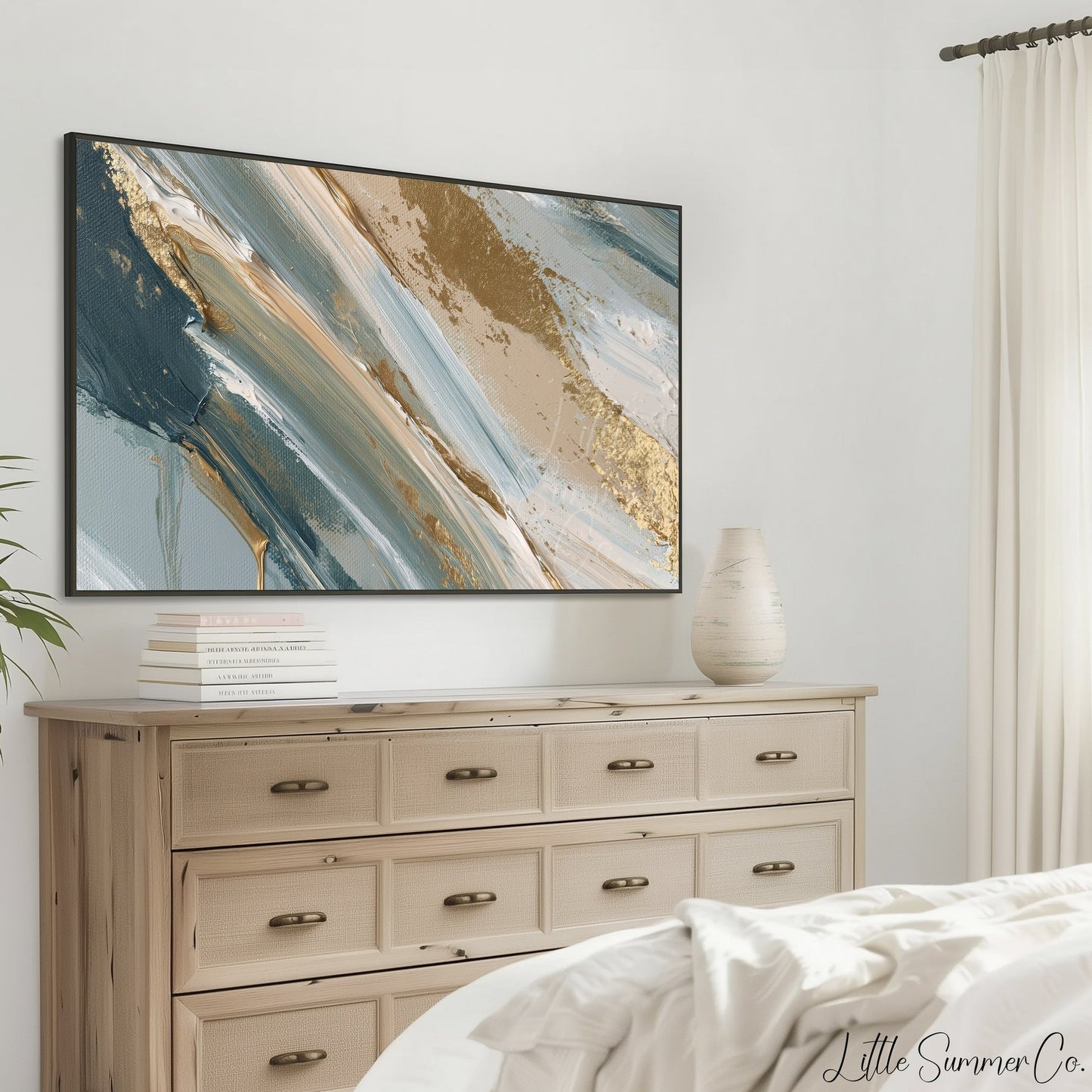 Teal Gold Sweep Frame TV Art displayed on a TV