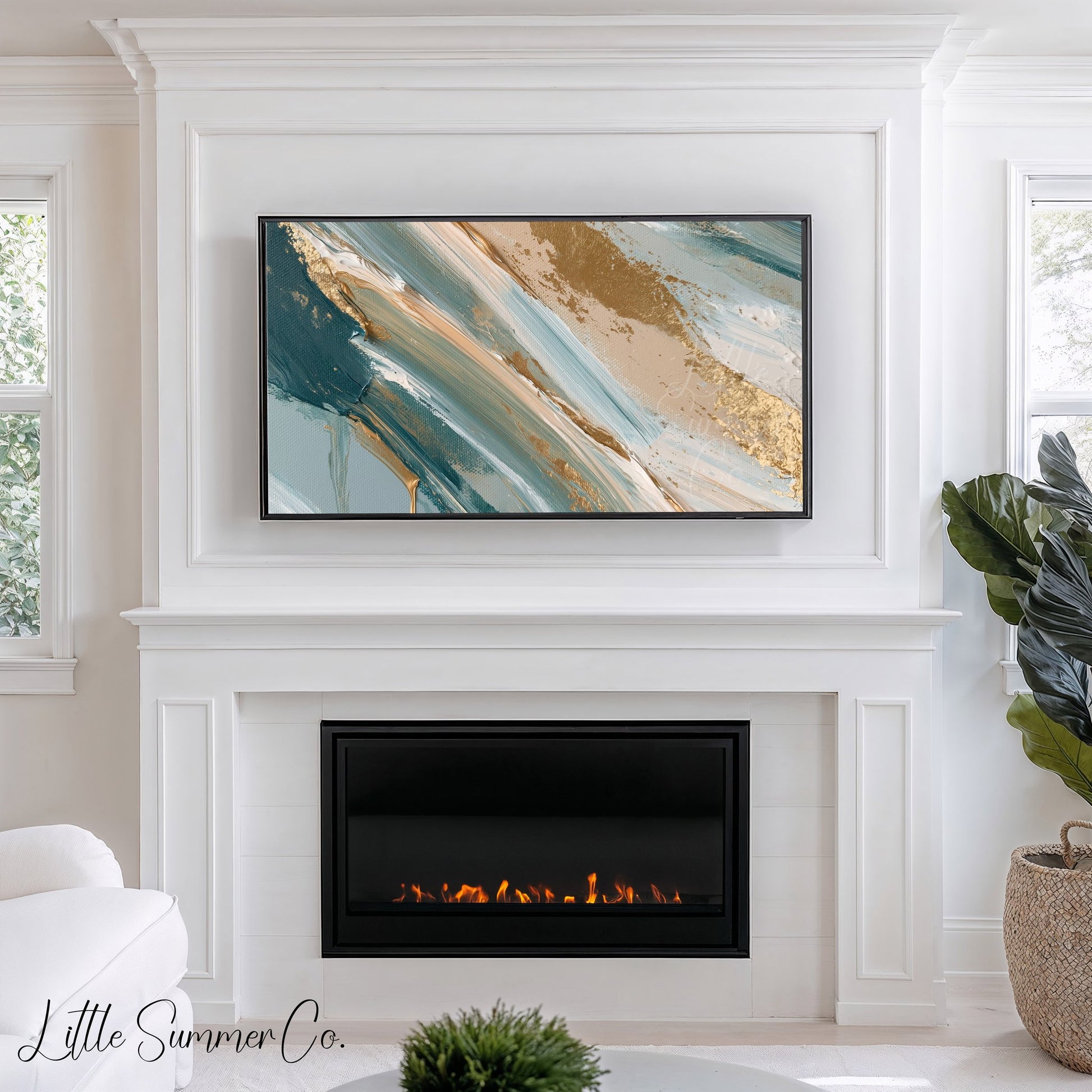 Teal Gold Sweep Frame TV Art displayed on a TV