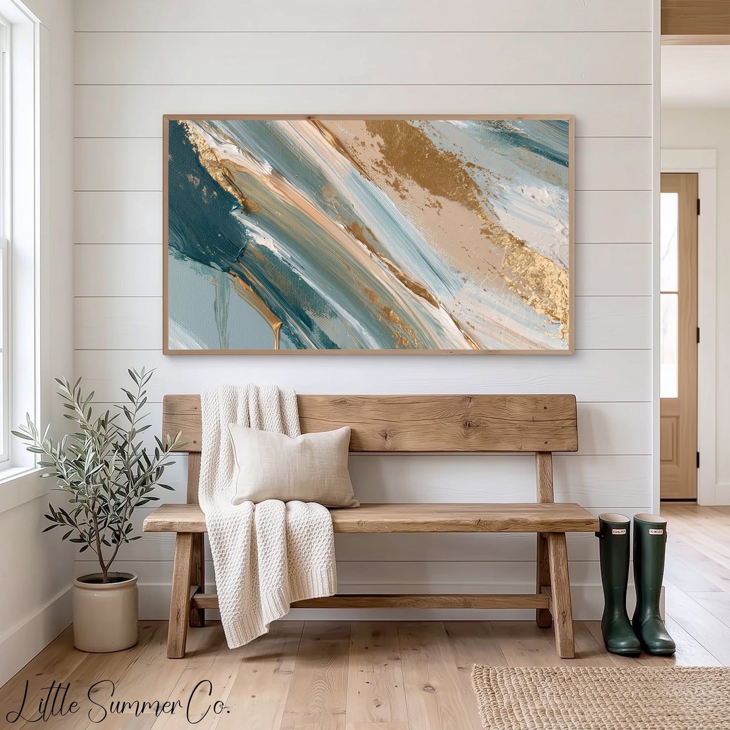 Teal Gold Sweep Frame TV Art displayed on a TV