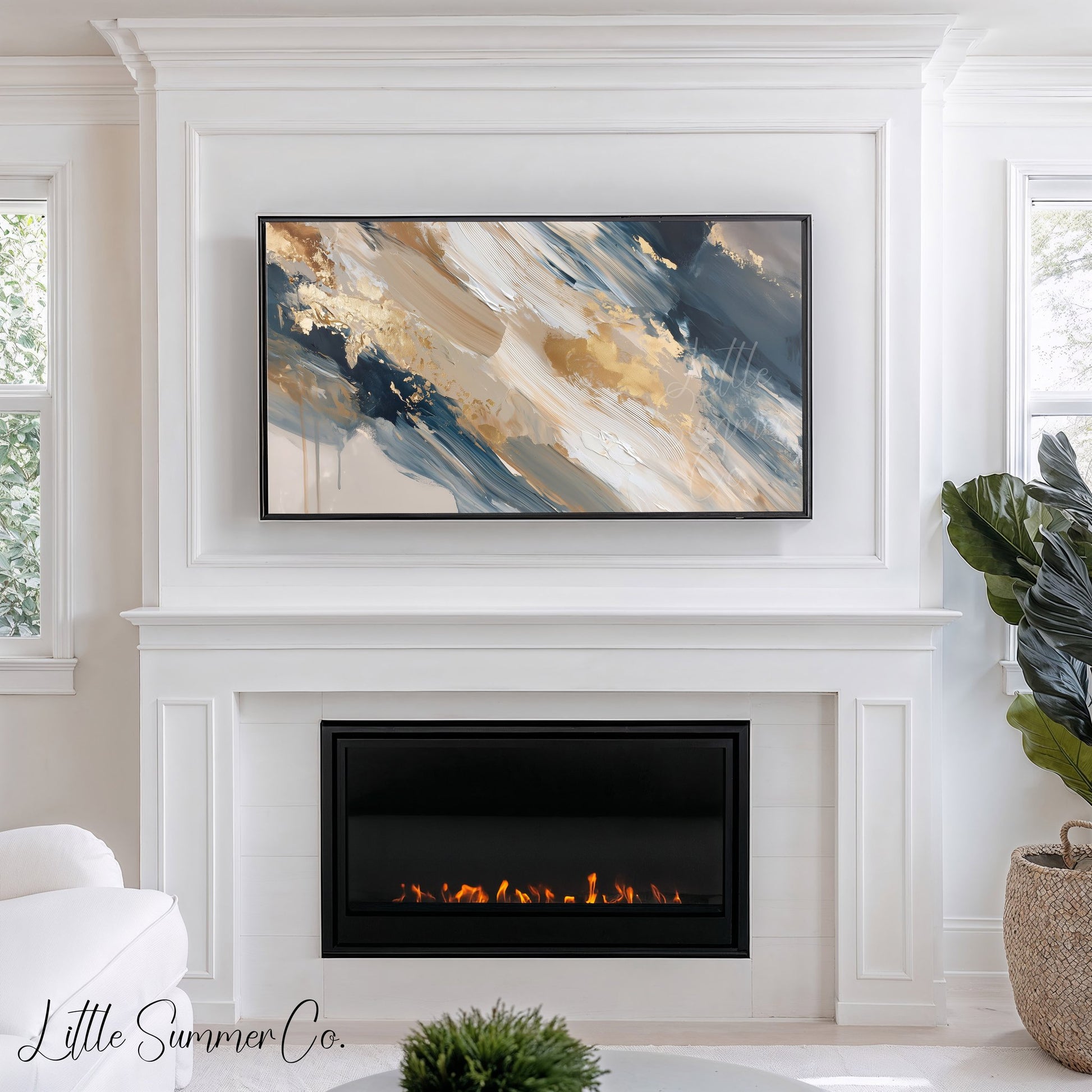 Navy Gold Sweep Frame TV Art displayed on a TV