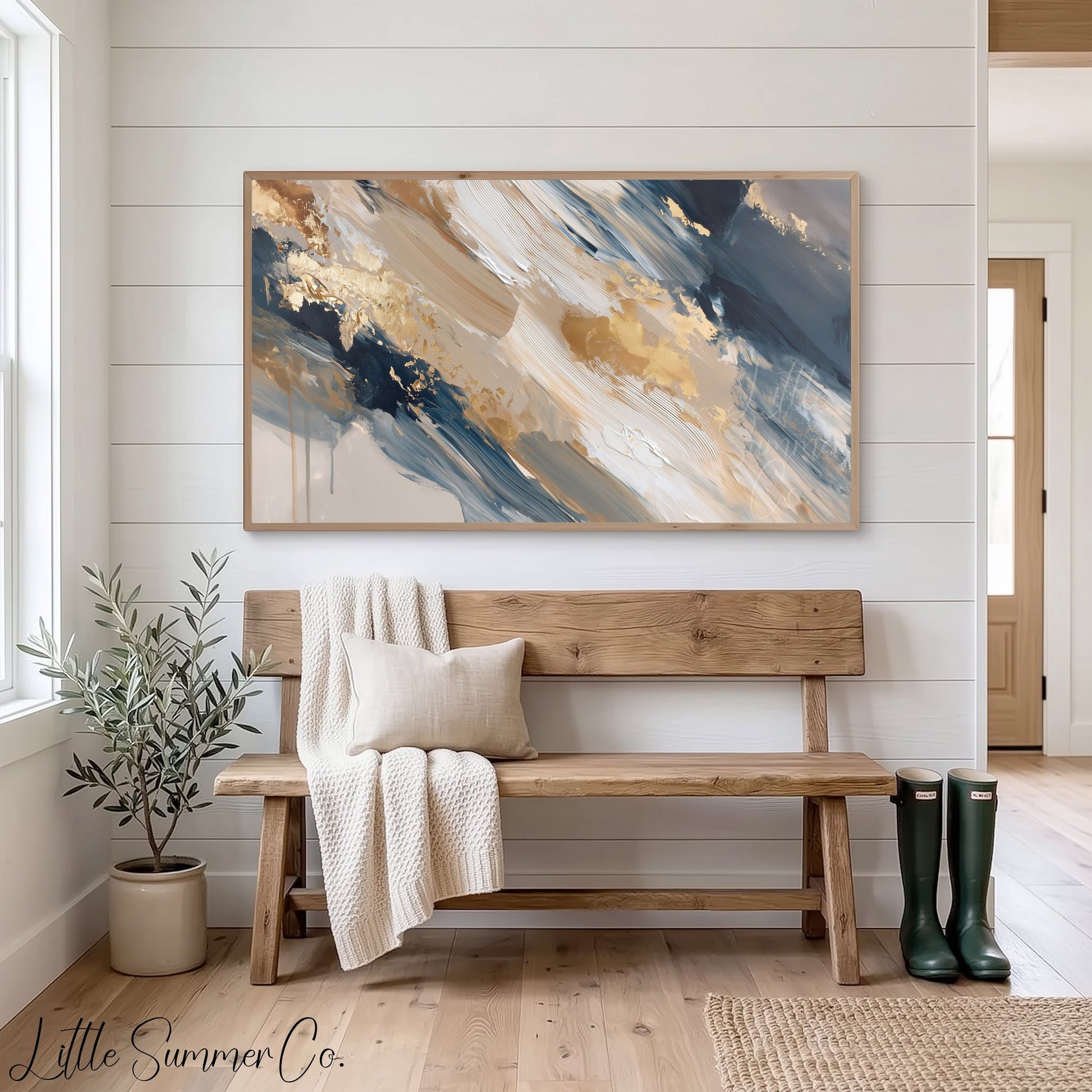 Navy Gold Sweep Frame TV Art displayed on a TV