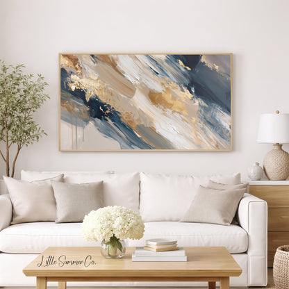 Navy Gold Sweep Frame TV Art displayed on a TV