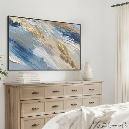 Blue Gold Ribbon Frame TV Art displayed on a TV