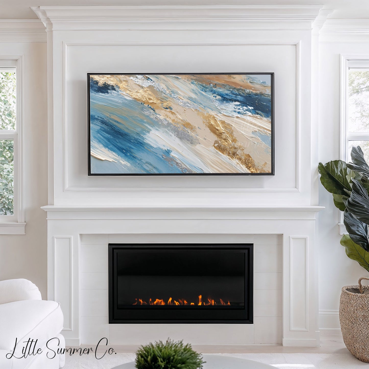 Blue Gold Ribbon Frame TV Art displayed on a TV