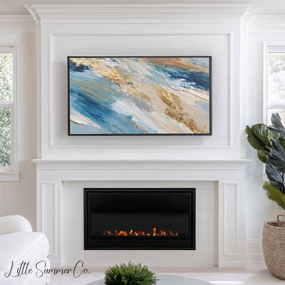 Blue Gold Ribbon Frame TV Art displayed on a TV
