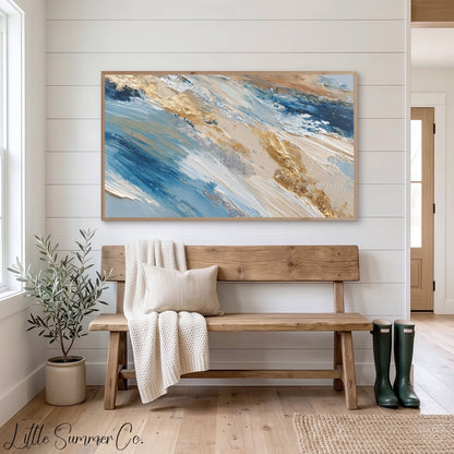 Blue Gold Ribbon Frame TV Art displayed on a TV