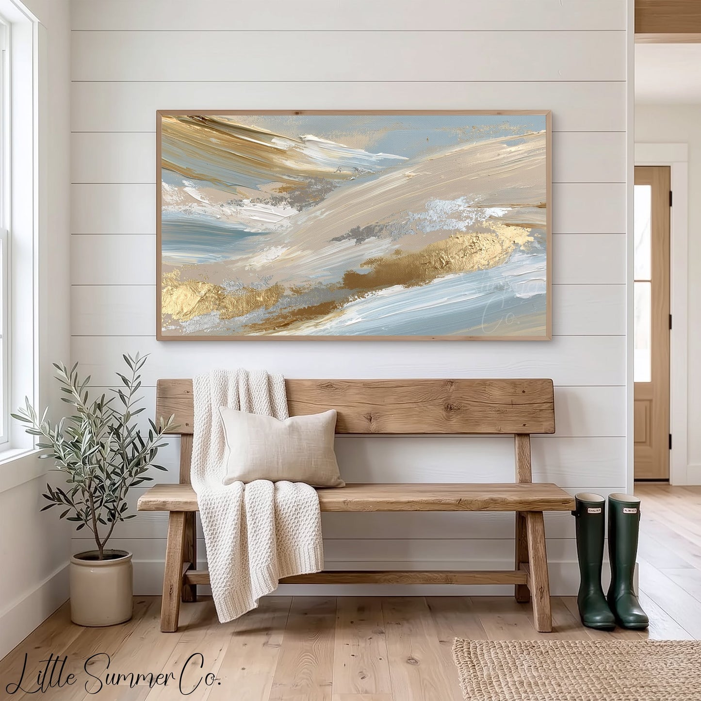 Blue Gold Sweep Frame TV Art displayed on a TV