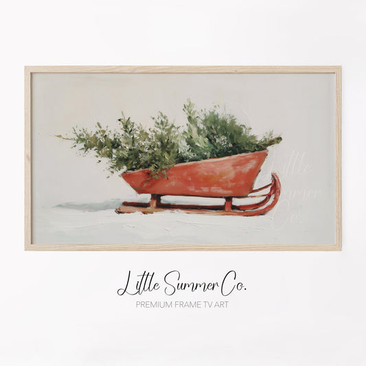 Holiday Sleigh Greenery Frame TV Art displayed on a TV
