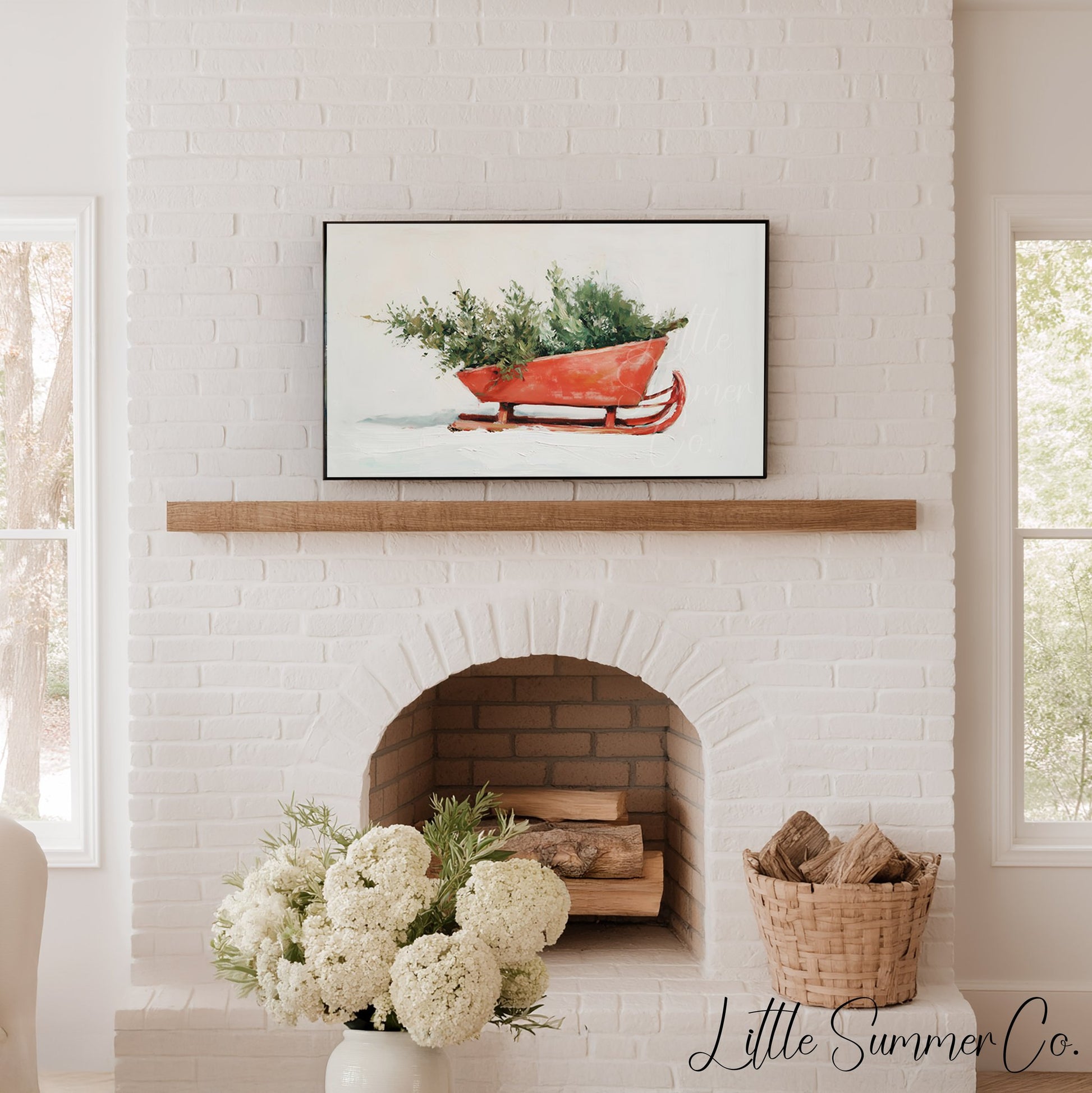 Holiday Sleigh Greenery Frame TV Art displayed on a TV