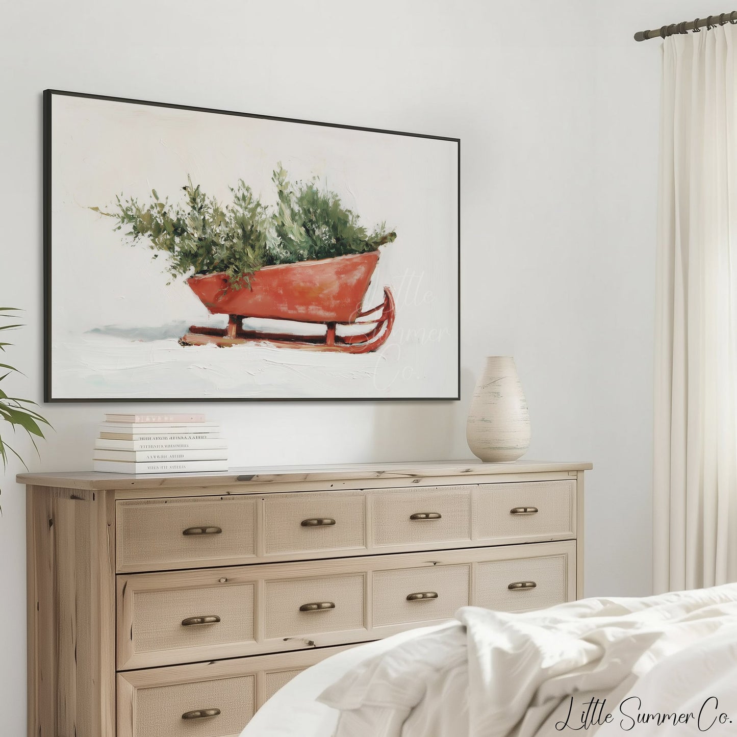 Holiday Sleigh Greenery Frame TV Art displayed on a TV