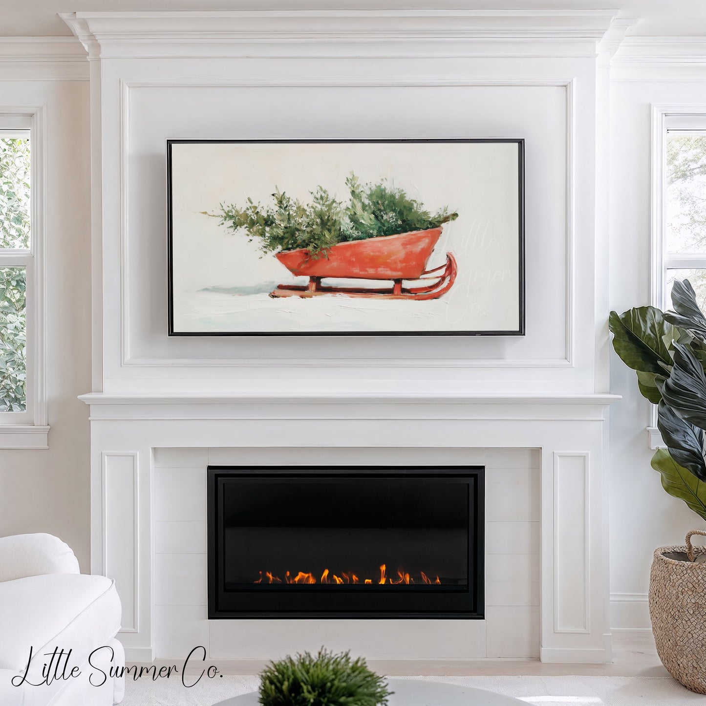 Holiday Sleigh Greenery Frame TV Art displayed on a TV