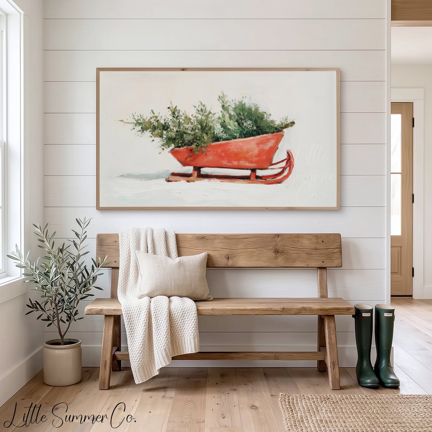 Holiday Sleigh Greenery Frame TV Art displayed on a TV