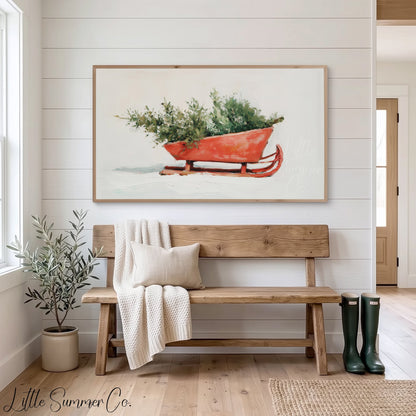 Holiday Sleigh Greenery Frame TV Art displayed on a TV