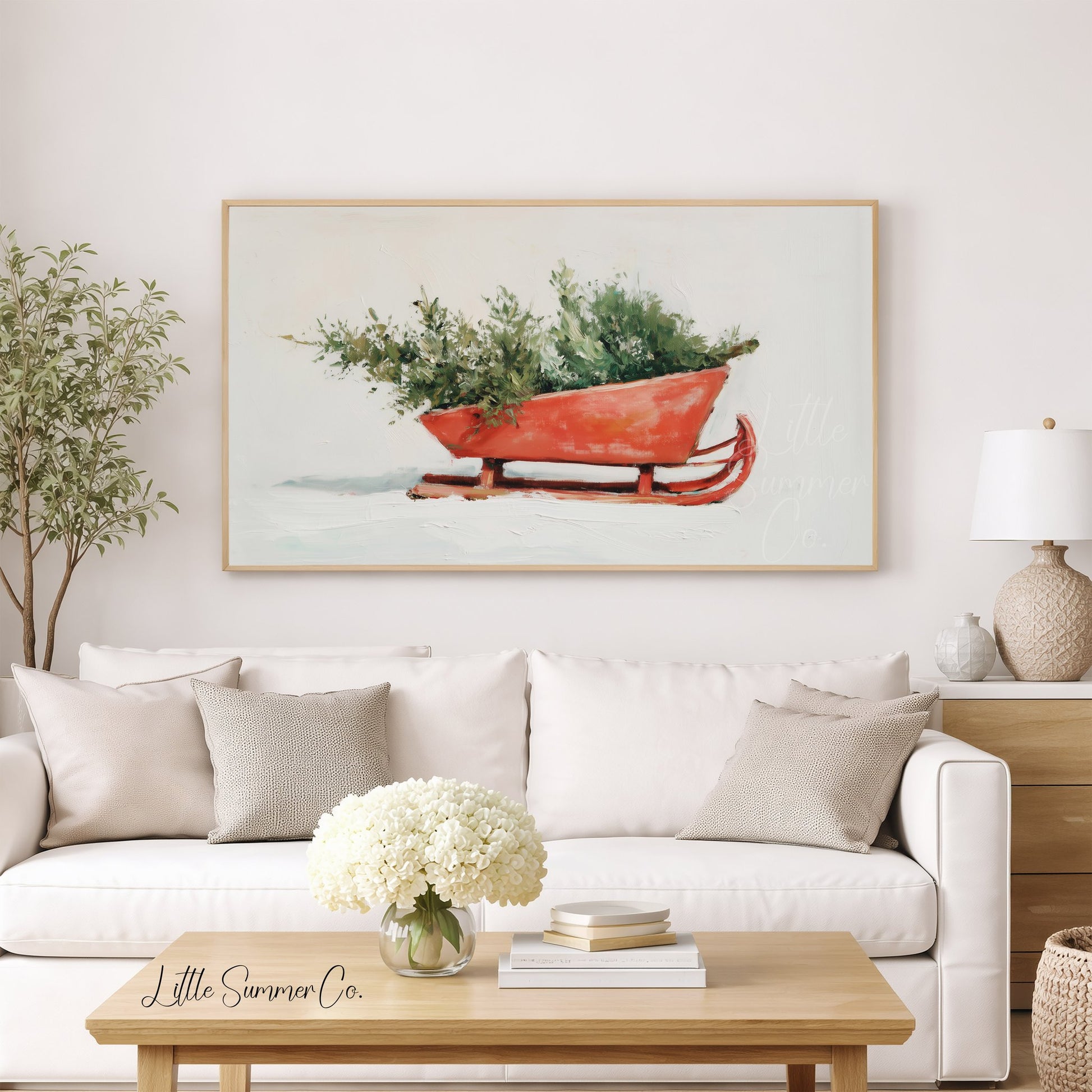 Holiday Sleigh Greenery Frame TV Art displayed on a TV