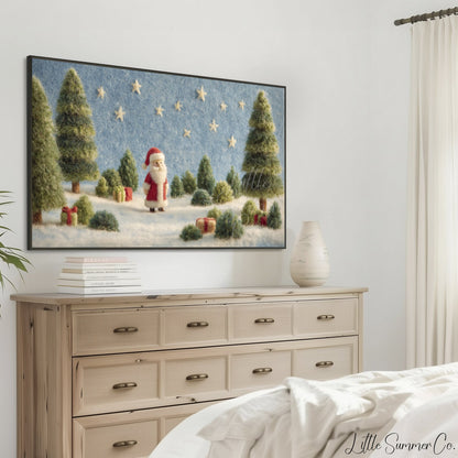 Santa Snowy Forest Frame TV Art displayed on a TV