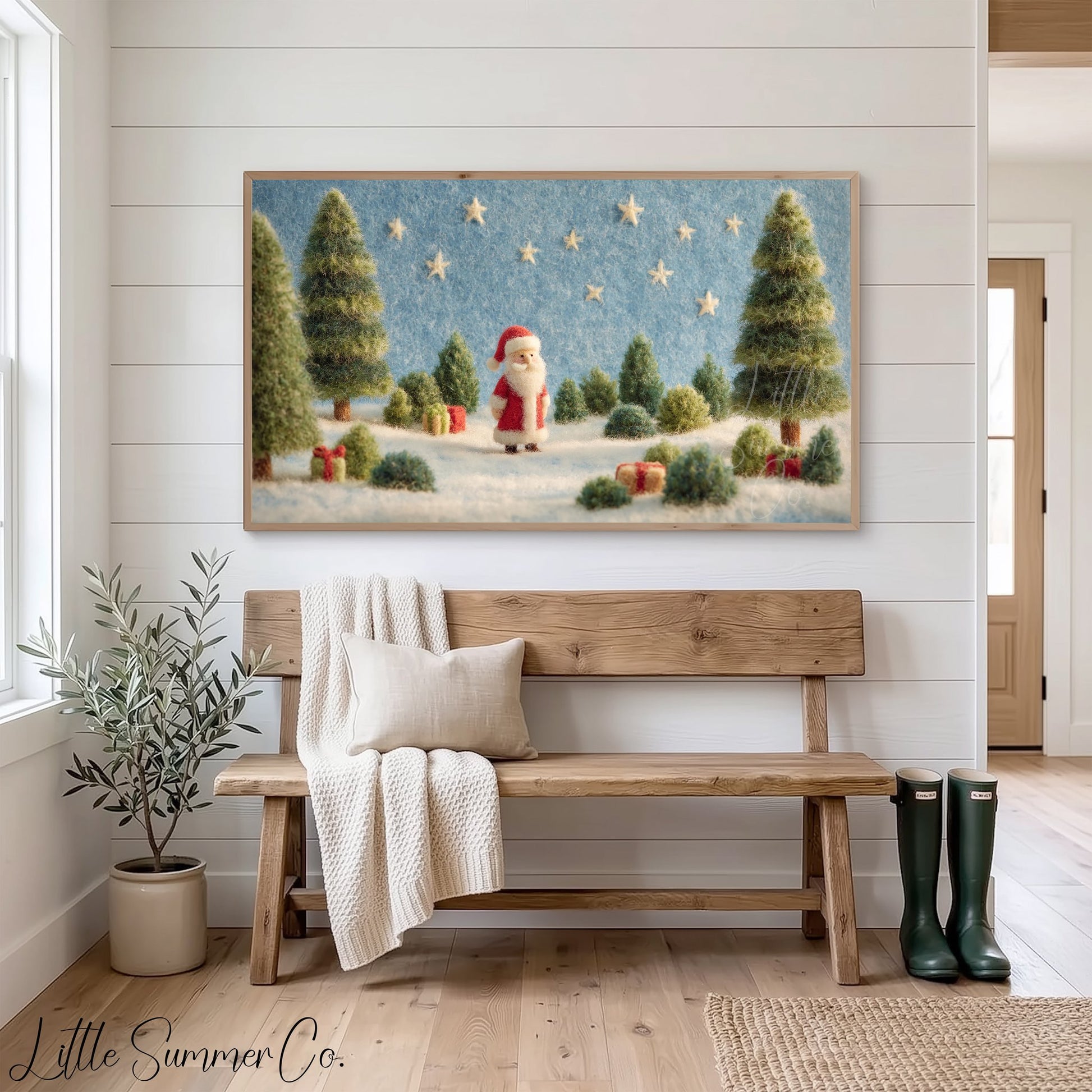 Santa Snowy Forest Frame TV Art displayed on a TV