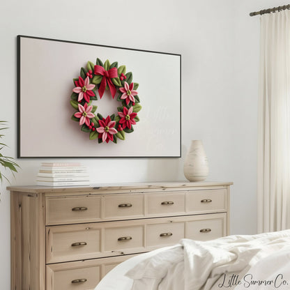 Poinsettia Wreath Frame TV Art displayed on a TV