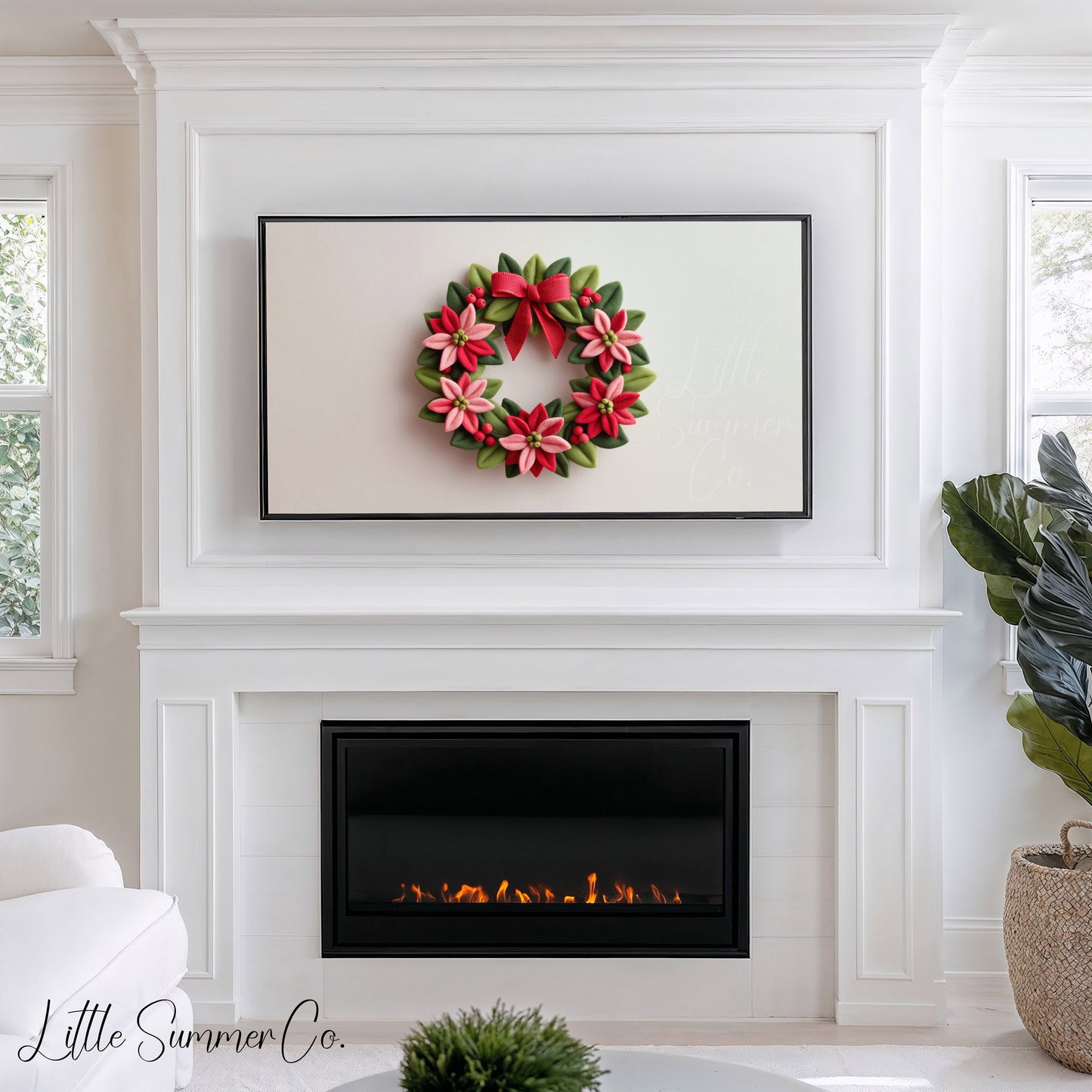 Poinsettia Wreath Frame TV Art displayed on a TV