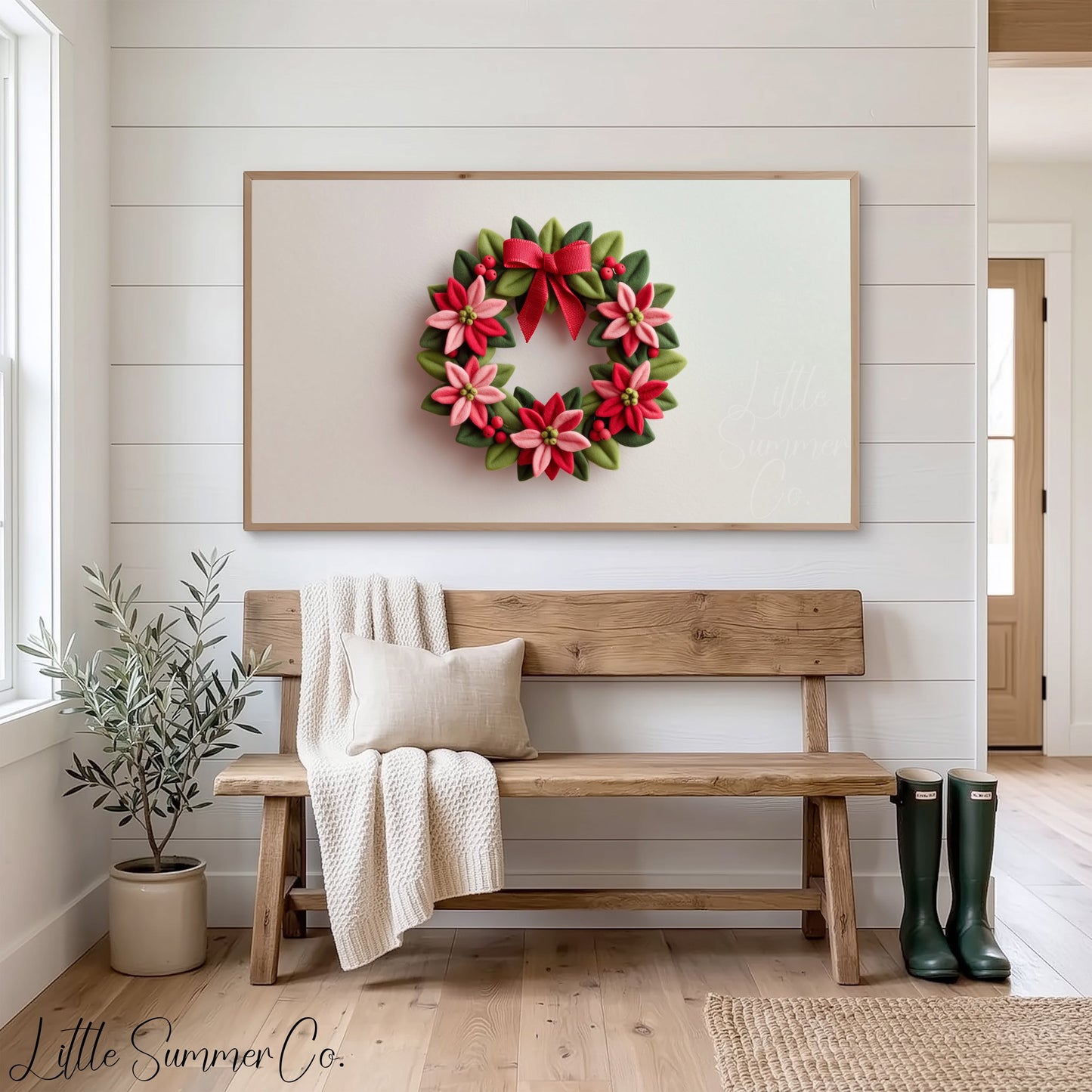 Poinsettia Wreath Frame TV Art displayed on a TV