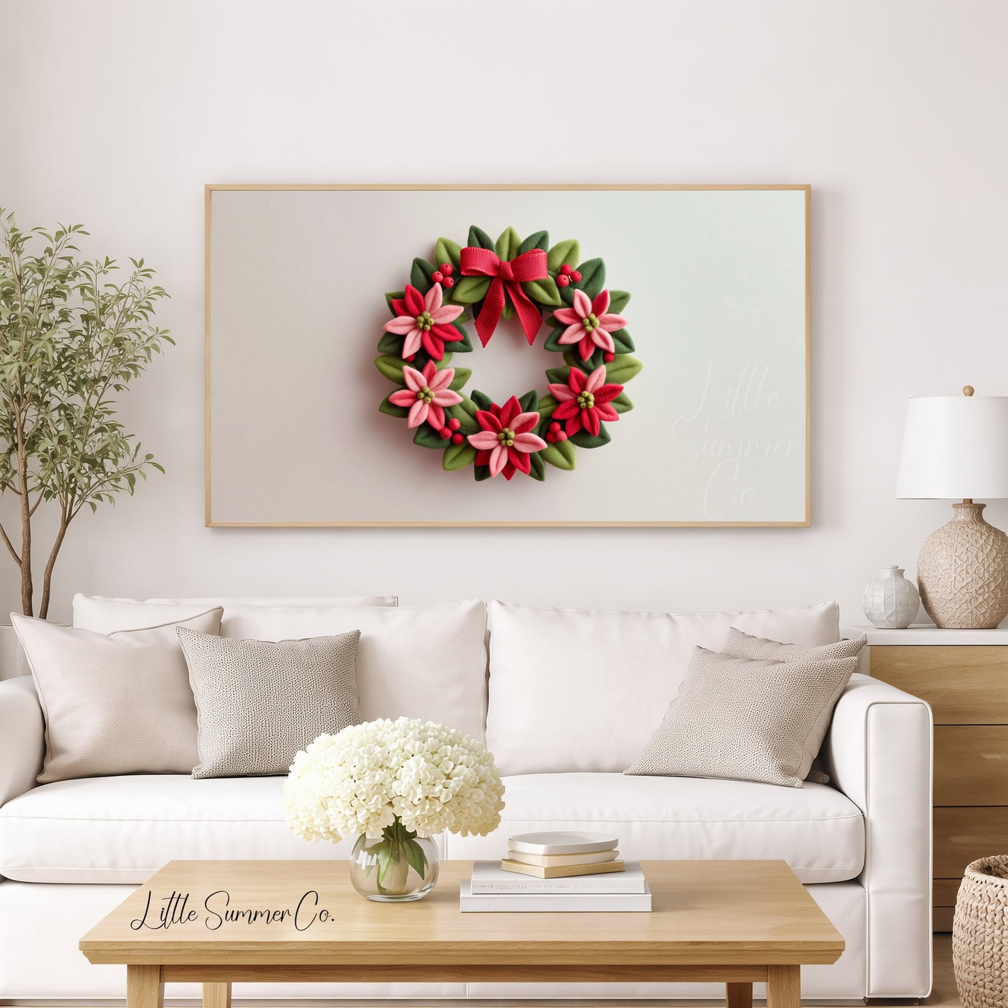 Poinsettia Wreath Frame TV Art displayed on a TV