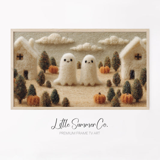 Ghost Pumpkin Village Frame TV Art displayed on a TV