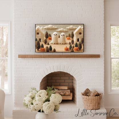 Ghost Pumpkin Village Frame TV Art displayed on a TV