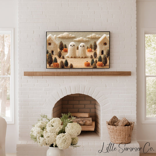 Ghost Pumpkin Village Frame TV Art displayed on a TV