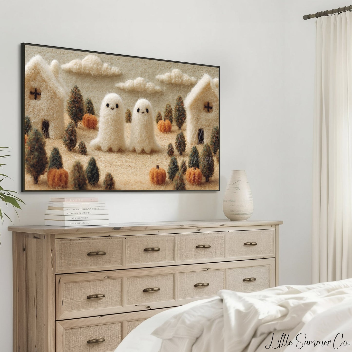 Ghost Pumpkin Village Frame TV Art displayed on a TV