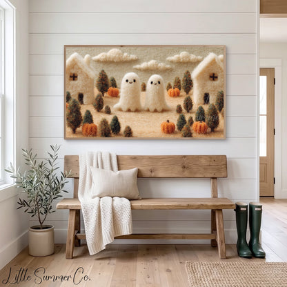 Ghost Pumpkin Village Frame TV Art displayed on a TV