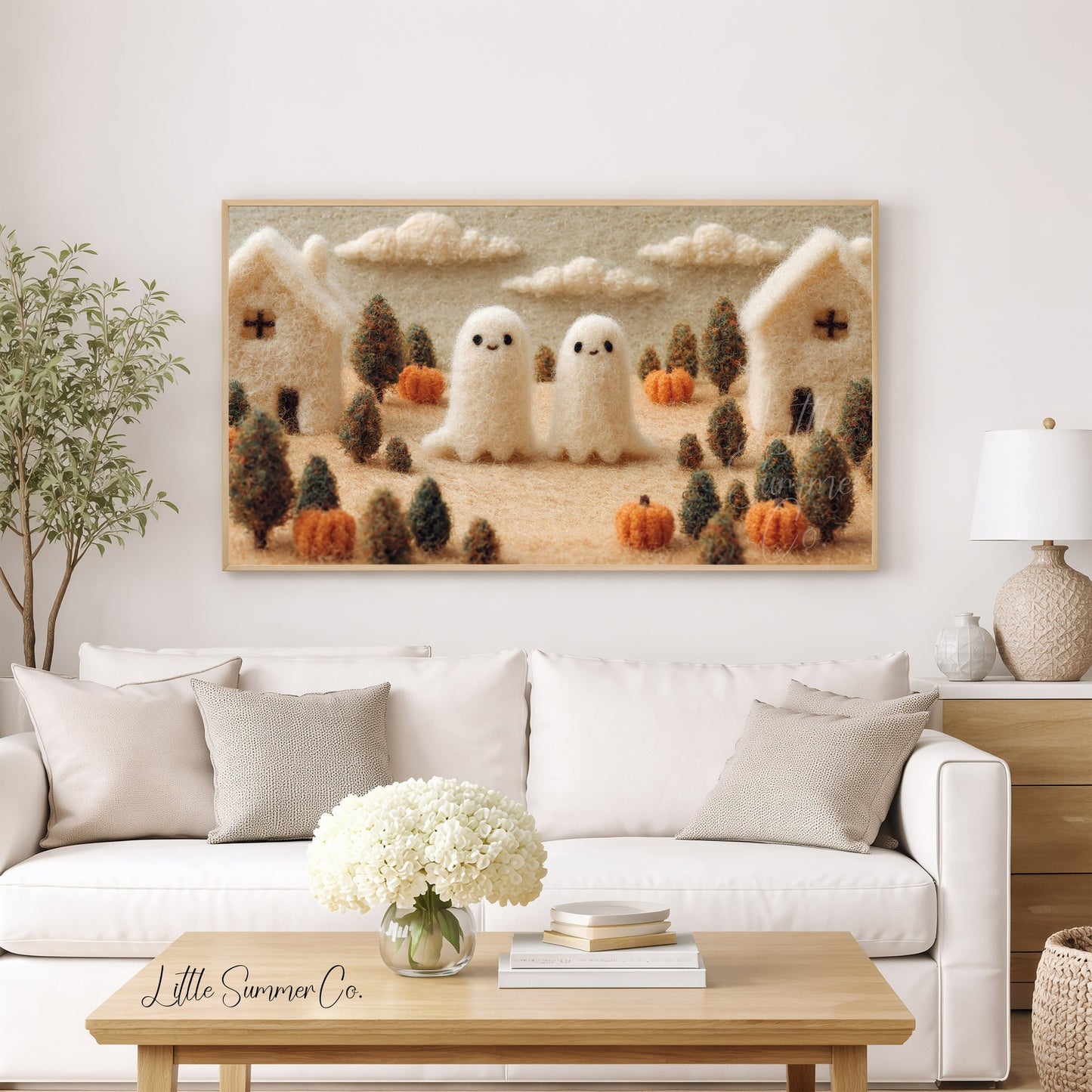 Ghost Pumpkin Village Frame TV Art displayed on a TV