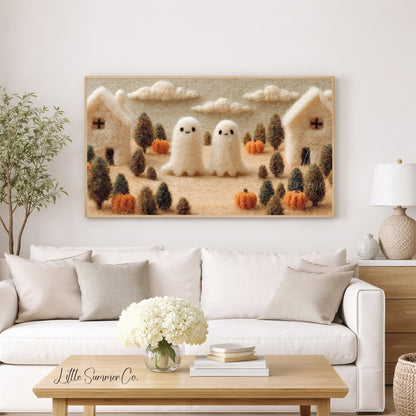 Ghost Pumpkin Village Frame TV Art displayed on a TV