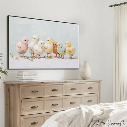 Pastel Chicks Frame TV Art displayed on a TV