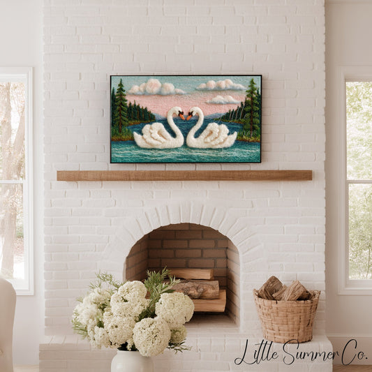 Swan Heart Sunset Frame TV Art displayed on a TV
