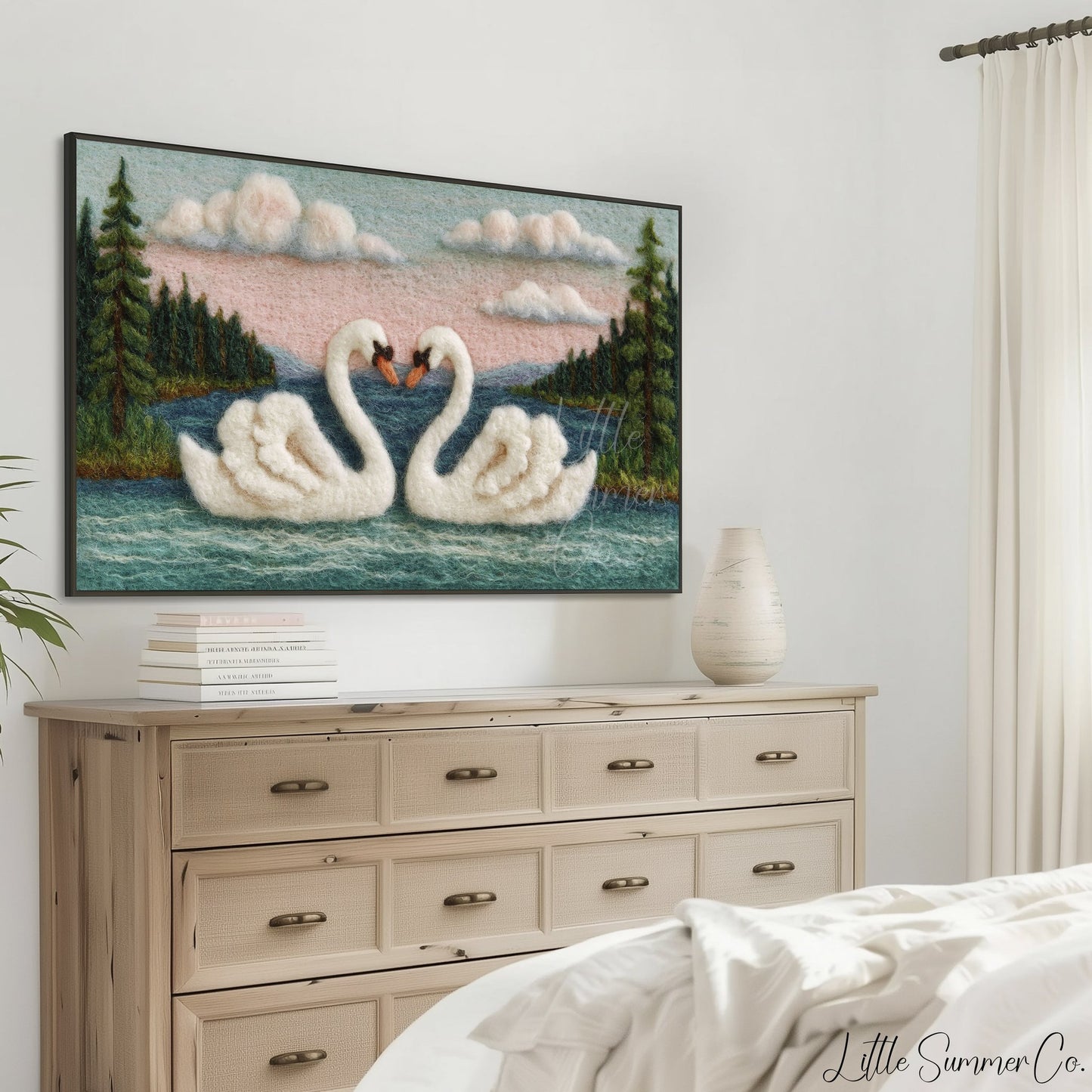 Swan Heart Sunset Frame TV Art displayed on a TV