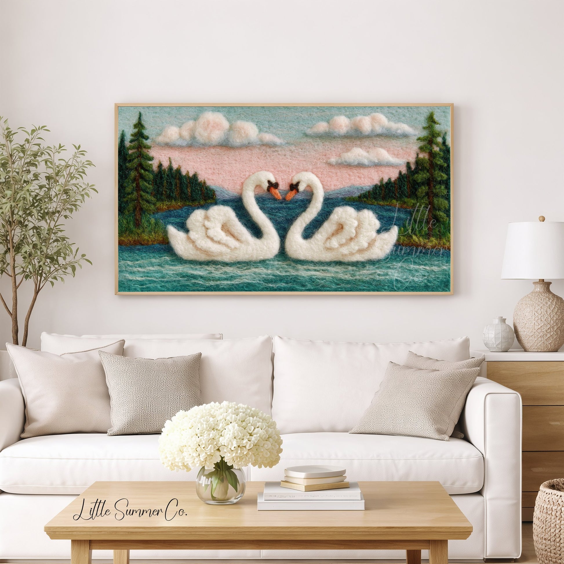 Swan Heart Sunset Frame TV Art displayed on a TV