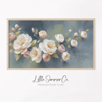 Rose Blossom Branch Frame TV Art displayed on a TV