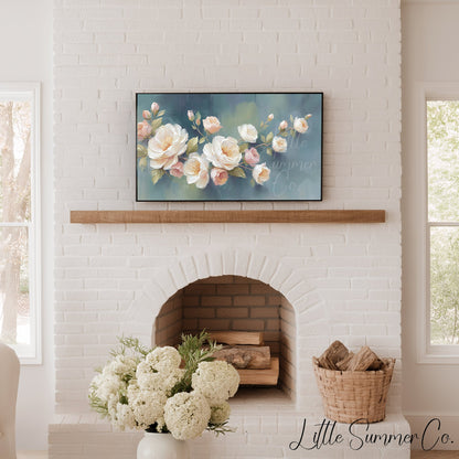 Rose Blossom Branch Frame TV Art displayed on a TV