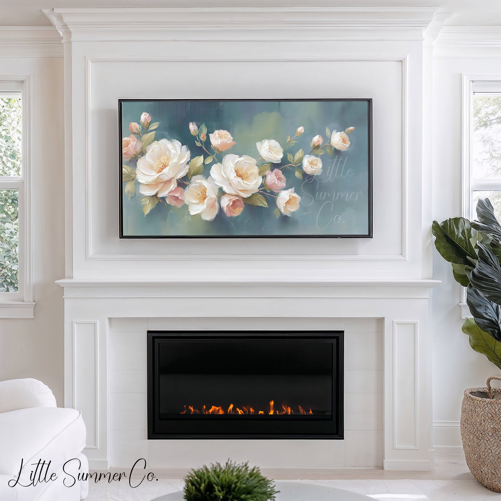 Rose Blossom Branch Frame TV Art displayed on a TV