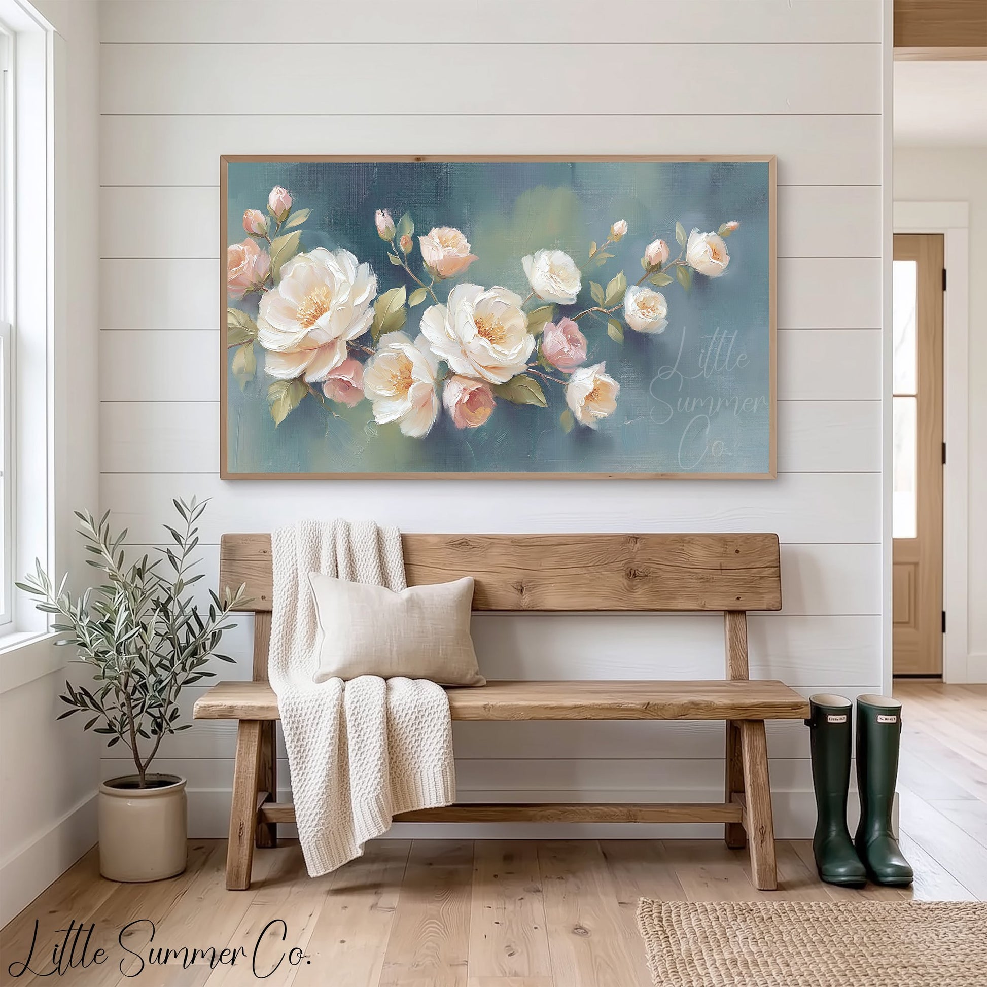 Rose Blossom Branch Frame TV Art displayed on a TV