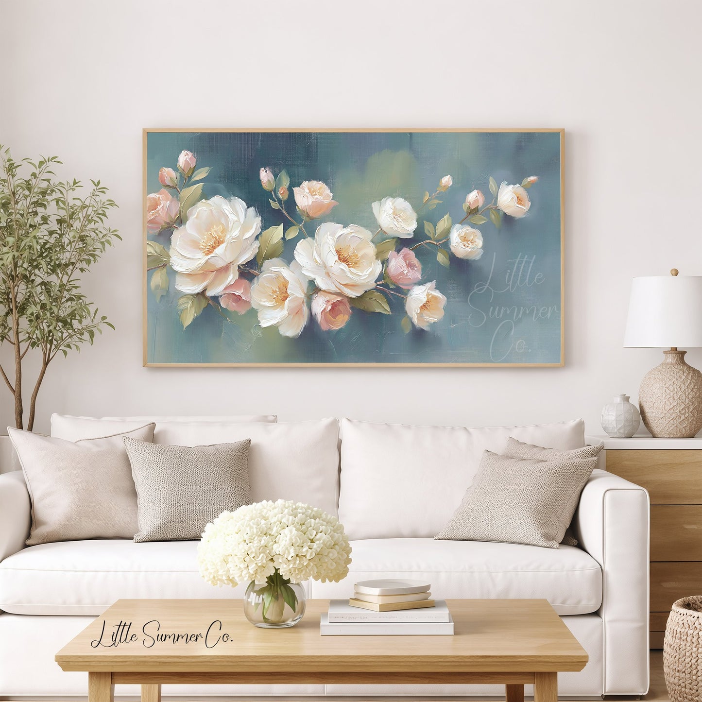 Rose Blossom Branch Frame TV Art displayed on a TV
