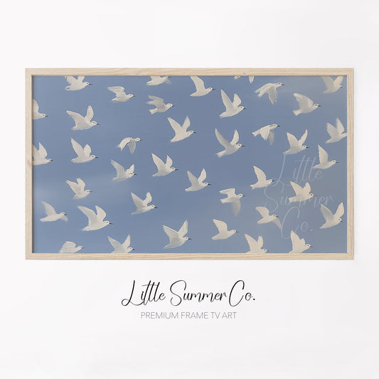 White Bird Flock Frame TV Art displayed on a TV